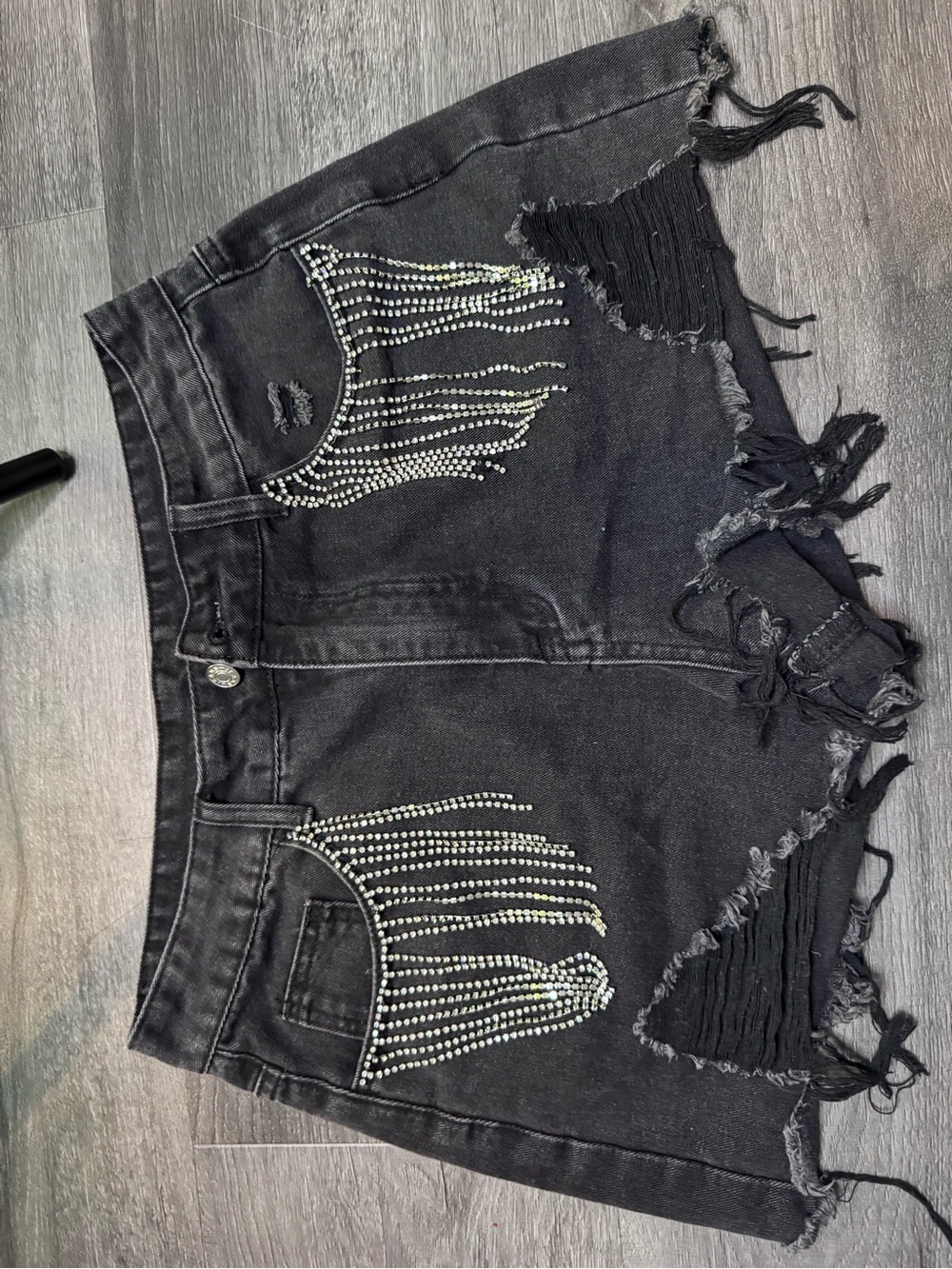 Black Distressed Rhinestone Fringe Denim Shorts - Women